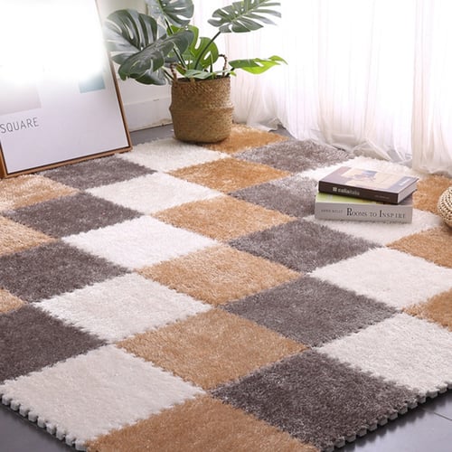 Black 10Pcs Plush Puzzle Carpet Shaggy Square Baby Play Mat Fluffy Tiles Mat Rug Floor Mat for Parlor Bedroom 