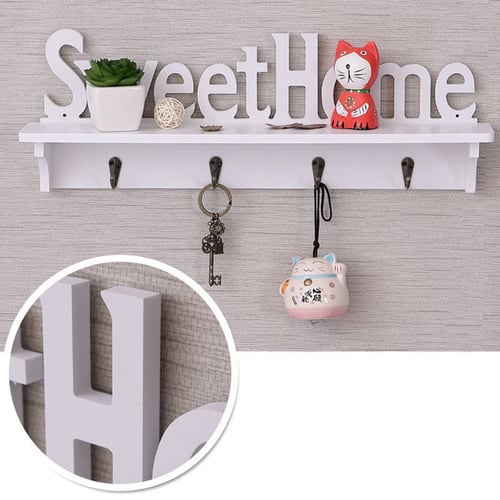 "Sweet Home" Shelf Hat Key Holders Storage Shelf Hanging Hooks Wall Mounted Rack 