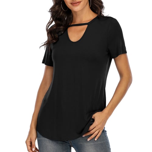 Women Pure Color V Neck Short Sleeves Tops Casual Loose Fit Tee Shirts 