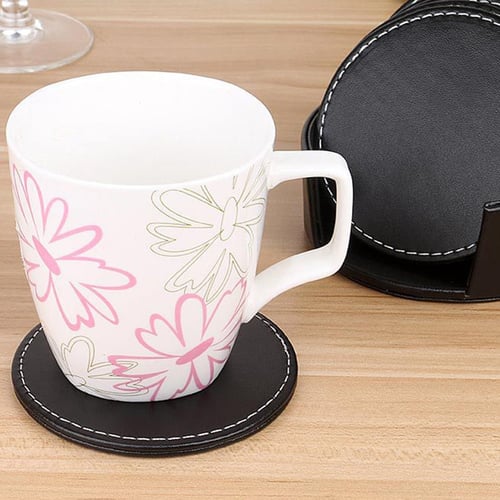 Heat Insulation Cup Drink Coasters Cup Pad Mat Tableware w/ Holder Leather 