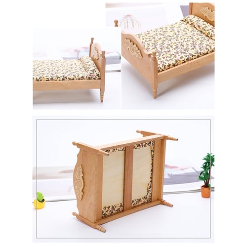 1/12 Miniature Double Bed Wooden Mini Nightstand Bedroom Furniture Model for Dolls DIY Home Decorations 2