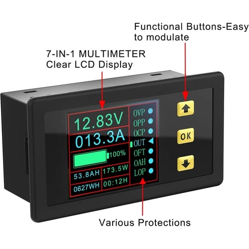 Digital DC Multimeter 0-90V 0-500A Voltmeter Ammeter Power Capacity Time Meter 