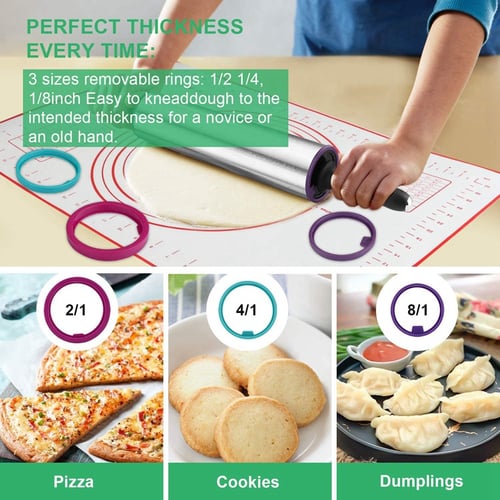 Pastries Adjustable Rolling Pin With Handle Pasta and Cookies Silicone Baking Mat and 4 Removable Thickness Rings Baking Dough Pizza Pie 