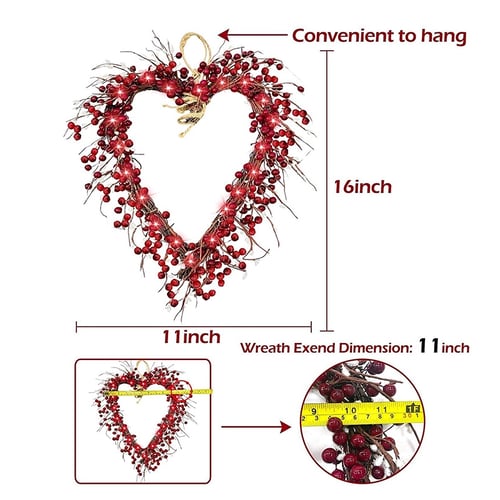 OTentW Valentine Wreath,Red Berries Heart-Shaped Wreath Front Door Wreath with 20 LED Battery Operated Valentines Day Decorative Wreathfor Indoor Outdoor Party Decor 