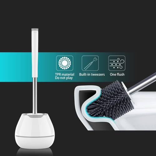 Toilet Brush and Holder Set Silicone Bristles for Bathroom Cleaner with Tweezers 