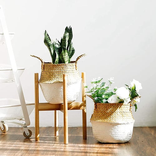 Handmade Woven Rattan Seagrass Tote Belly Basket Plant Vase Pot Cover Decorative 