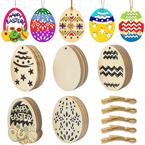 50pcs DIY Easter Hollow Wooden Eggs Bunny Hanging Tags Ornaments Easter Decor SG