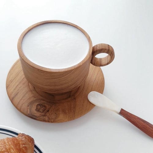 Wooden Cup Coffee Milk Juice Cup Heat-resistant wood Cup With Spoon and Saucer 