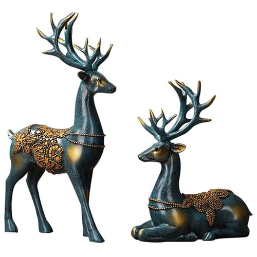 2pcs Deer Statue Family Deers Figurines Resin Sculpture Home Decor Reindeer 
