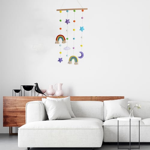 Room Decoration Handmade Weaving Rainbow Wall Hanging Ornaments With Felt Ball Home Decor Wooden Stick Tassel Pendant - Felt Home Decor