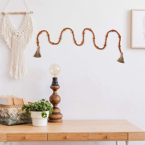 Wooden Beads Tassels Farmhouse Garland Rustic Wall Hangings Coffee Table Decor 