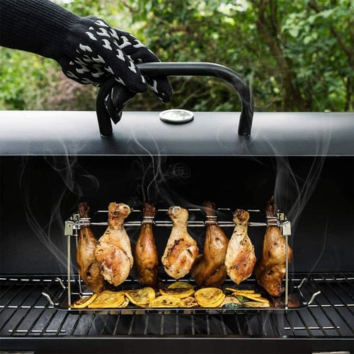 Chicken Leg Wing Rack 14 Slots Metal Roaster Stand w/Drip Tray for Smoker Grills 
