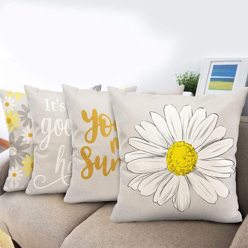 Set Of 4 Sunflower Flower Decorative Throw Pillow Covers 20x20 Inch Plant Pillow Covers Cotton Line Square Pillow Cases Summer Flower Outdoor Sofa Couch Home Bed Decor Cushion Covers 20 by 20 