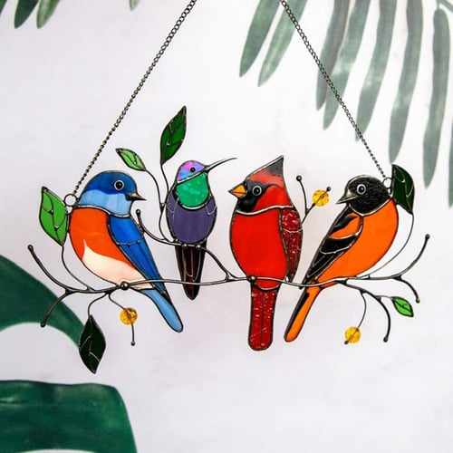Multicolor Birds On A Wire High Stained Glass Suncatcher Window Panel Home Decor 