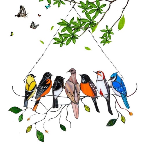 Colorful Cute Stained Glass Window Hanging Panel Birds Suncatcher Decor Gift 