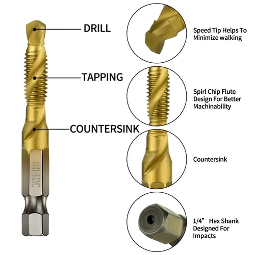 M6 x 1.0 6 mm Combined Drilling Tapping and Deburring 1/4" Hex Drive 