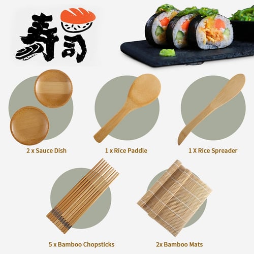 Sushi Making Kit,2 Bamboo Sushi Rolling Mat,5 Pairs of Chopsticks,1 Paddle,1 Spreader,2 Sauce Dish Gift,Beginner Sushi Kit for California Roll & Japanese Sushi