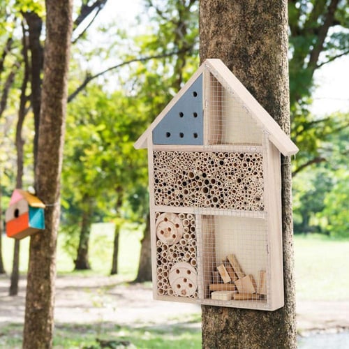 Wooden Insect Nesting House Wood Bee Shelter Outdoor Garden Nest Box Decoration 
