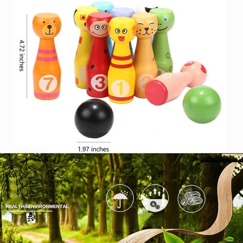 Large Wooden Bowling Set Kids Skittles Toys Toddlers with 10 Animal Pins 2 Balls 