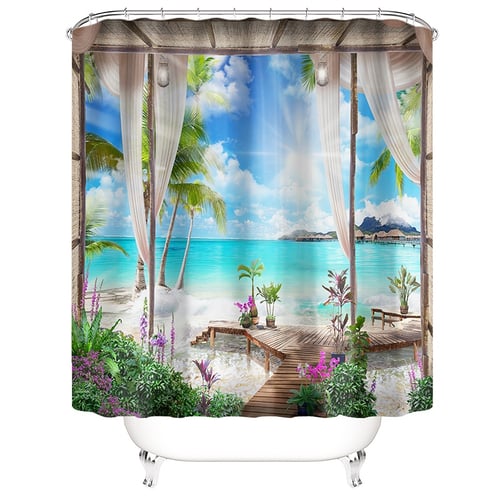 3d Sunny Beach Printed Shower Curtain, Ocean Scene Shower Curtains