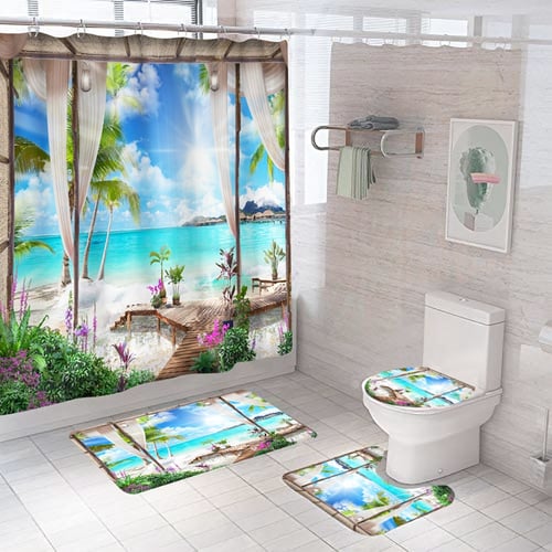 3d Sunny Beach Printed Shower Curtain, 3d Shower Curtains Set
