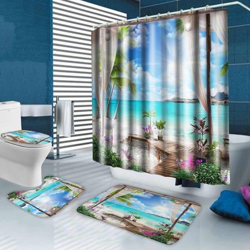 3d Sunny Beach Printed Shower Curtain, 3d Shower Curtains Set