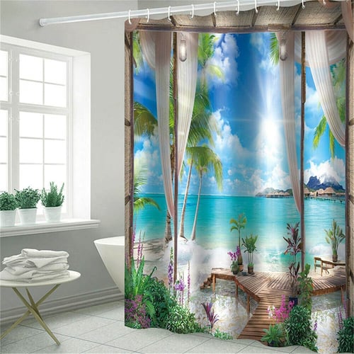 Sunny Seaside Garden Scenic Shower Curtain Set Bathroom Waterproof Fabric & Hook 