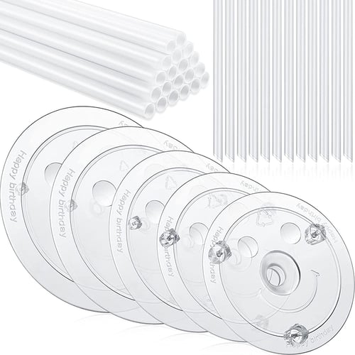Plastic Cake Dowel Rods Set-for 4,6,8,10 Inch Cakes,with 4 Smiley Cake Dividers and 20 White Plastic Cake Stick Support Bars,12 Transparent Cake Stacking Pins for Layering Cakes