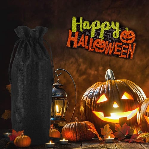 Hessian Cloth Bottle Gift Bags for Blind Taste Halloween Party Holiday Giving Black 10pcs Jute Burlap Wine Bags Drawstring 