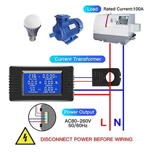 AC 80-260V Digital Watt Power Voltage Monitor Ammeter Voltmeter Meter 100A 