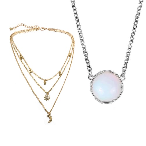 gold necklace multi-strand necklace Moon and stars necklace opal moonstone necklace