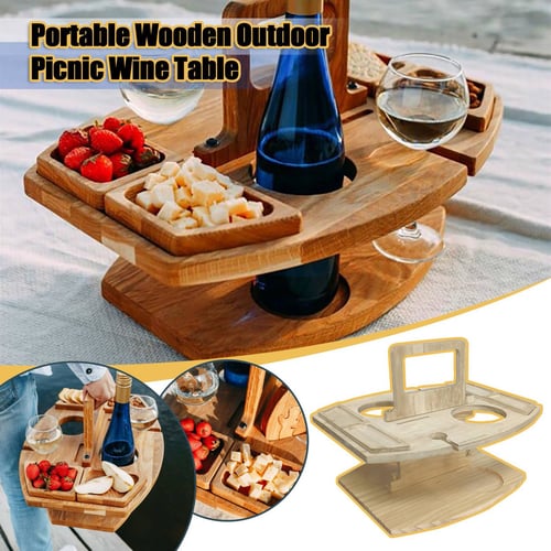 Portable Wine Table Serving Tray Wooden, Wooden Wine Holder For Picnic Table