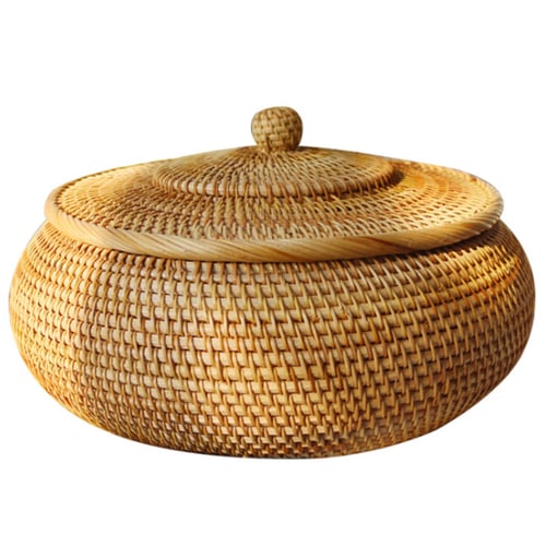 Round Rattan Box Wicker Fruit Basket, Round Woven Basket With Lid
