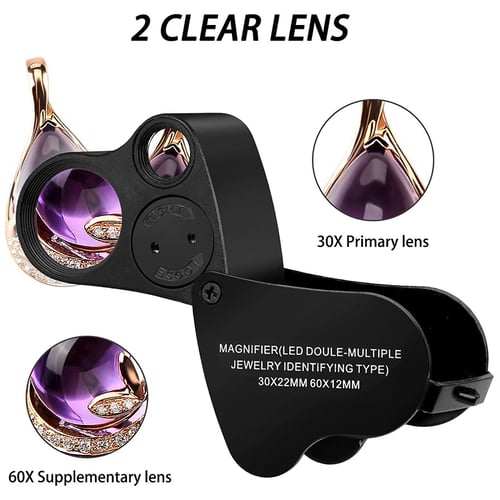 Magnifier Glass Magnifying LED Lights 60X 30X Twins Lens Loupe Mini Jewelry 