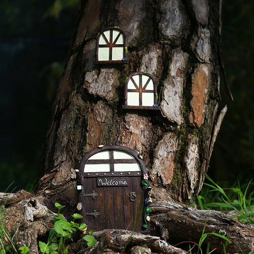 Wooden Miniature Fairy Garden Window Door Elf Home for Art Garden Decoration 