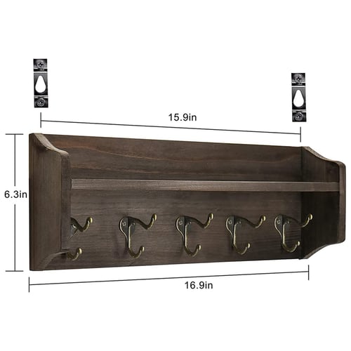 Wooden Wall Mounted Coat Rack 16" Rail with 4 Metal Hooks for Entryway Brown US 