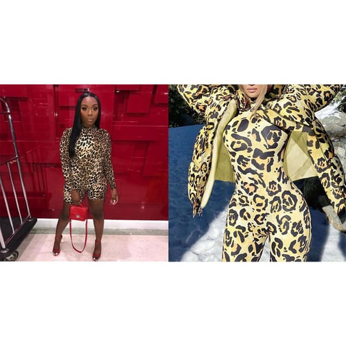 Women Leopard Print Mock Neck Long Sleeves Zipper Bodycon Club Long Outfits 2pcs