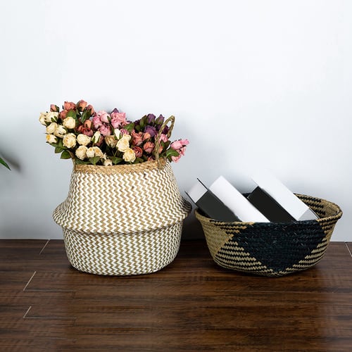 Seagrass Wicker Basket Storage Woven Flower Pot Folding Basket Home Decoration 