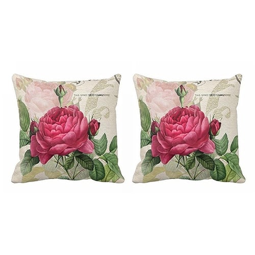 18" Flax Floral Rose Pillow Case Cover Sofa Waist Cushion Cover Retro Home Decor 