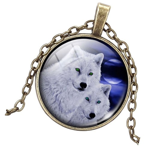 Vintage Cabochon Tibetan silver Glass Chain Pendant Necklace artic  wolf