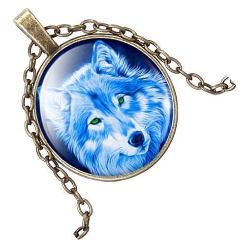 Wolf Photo Cabochon Glass Tibet Silver Chain Pendant Necklace 