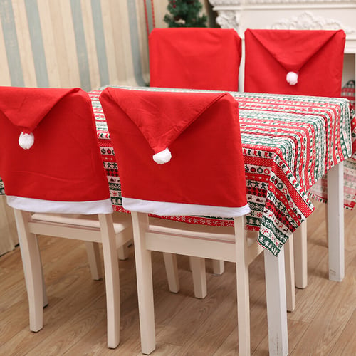 Xmas Chair Back Cover Santa Clause Red Hat Christmas Dinner Table Party Decor. 