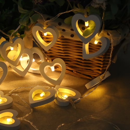 10/20 LED Wooden Heart String Fairy Lights Battery Warm White Indoor XMAS Decor 