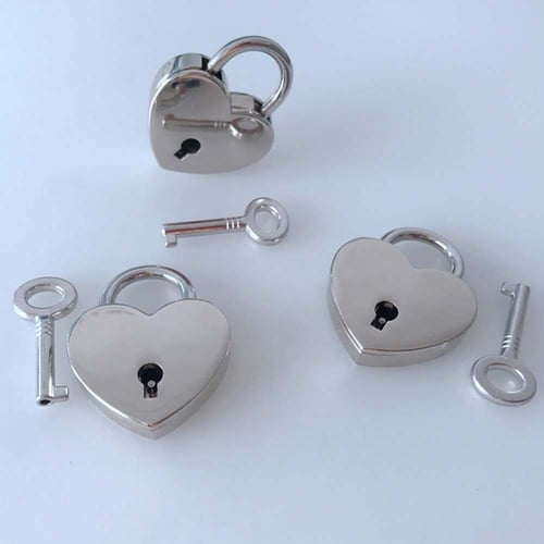 Vintage Style Heart Shape Padlock Mini Lock w/ Key for Diary Book Silver