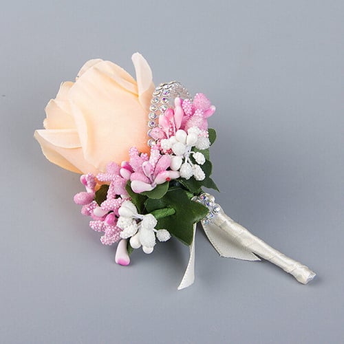 Bride Groom Corsage BroochArtificial Silk Rose Boutonniere Wrist Flower Blue Pin 
