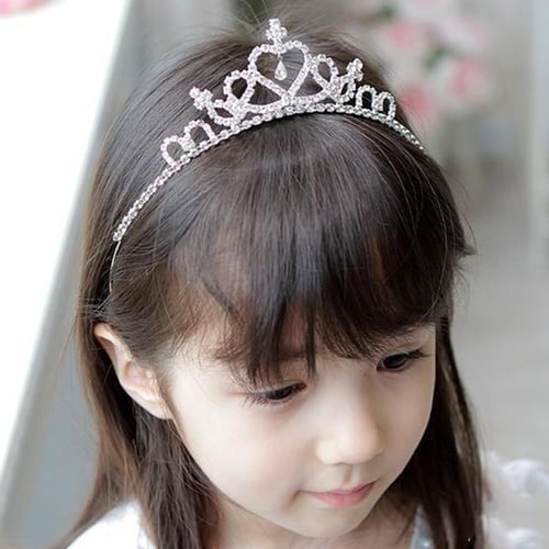 Children Heart Shaped Crown Rhinestone Crystal Decor Headband Party Veil Tiara 