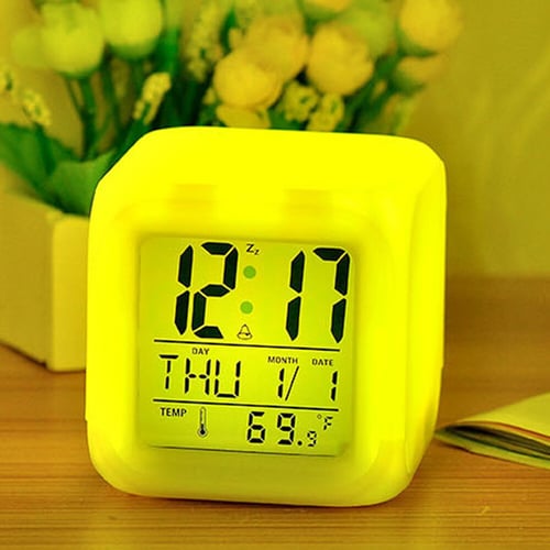 7 Color Glowing Change Alarm Clock Digital Clock Thermometer Cube LED Clock Time 