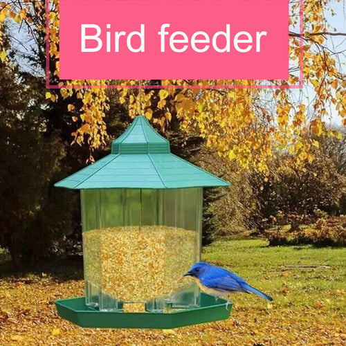 Green Pavilion Bird Feeder Plastic Hanging Bird Food Container Garden Decor 