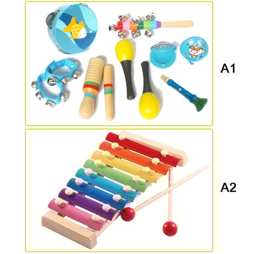 US 10pcs Wooden Toddler Musical Percussion Kit Xylophone Instrument Toy Band 