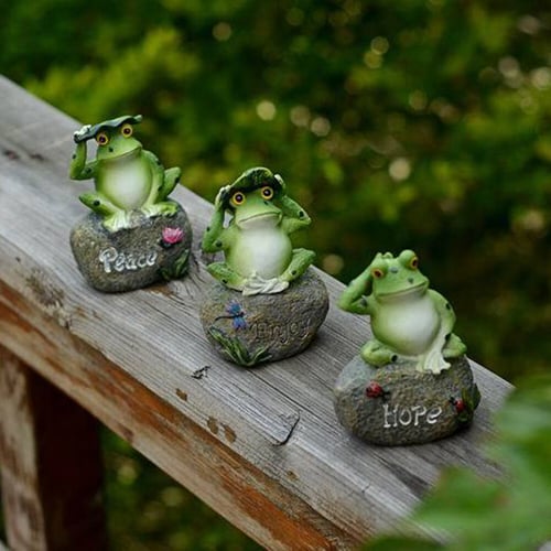 3 Resin Frogs Sitting on Stone Sculptures Outdoor Decor Fairy Garden Ornaments 